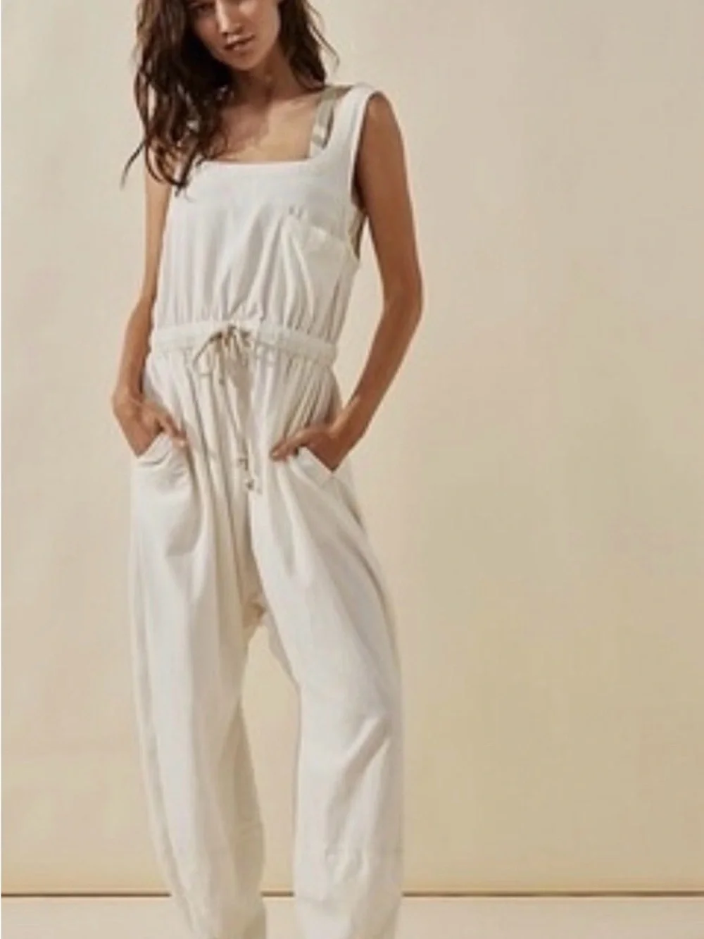 Free People Cream Sleeveless Drawstring Jumpsuit
